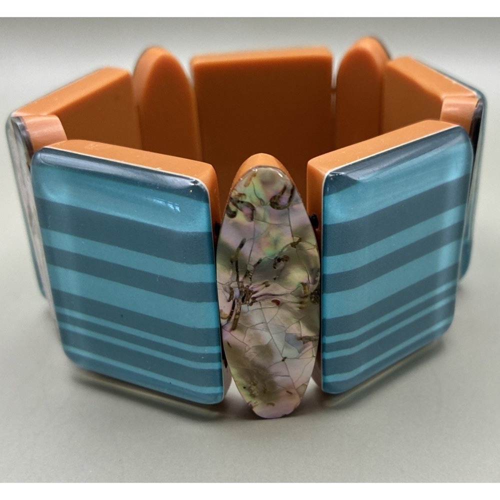 Blue Striped Resin and Abalone Shell Chunky Stretch Cuff Bracelet Womens